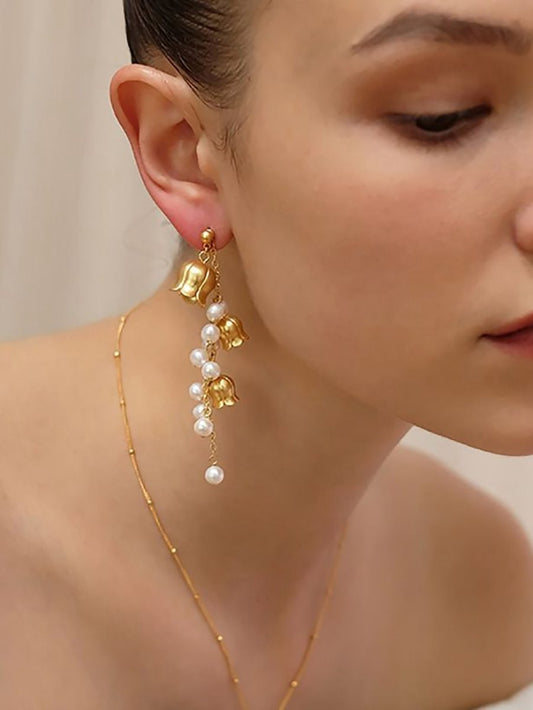 Asymmetric Tassel Flowers Pearl Long Earrings