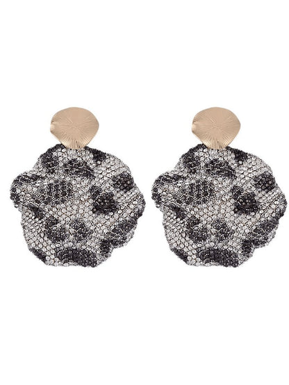 Gray Leopard Print Rhinestones Round Earrings