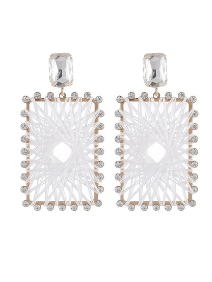 White Braided Raffia Square Earrings