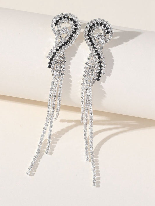 Silver Rhinestones Tassel Long Chain Earrings