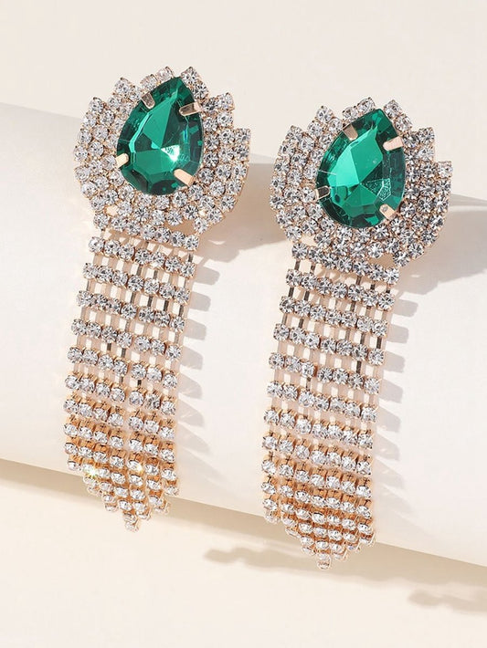 Teardrop Rhinestones Tassel Long Earrings