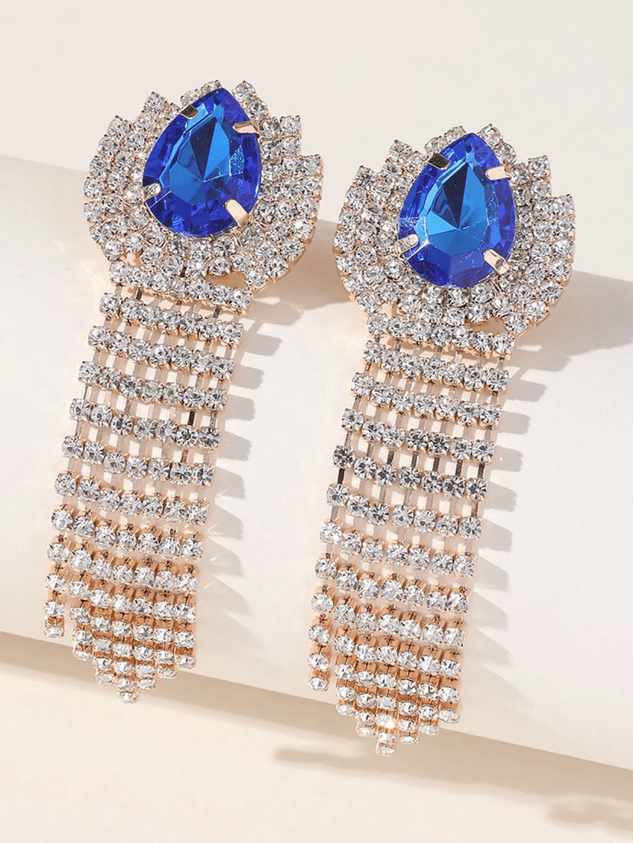 Teardrop Rhinestones Tassel Long Earrings