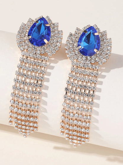 Teardrop Rhinestones Tassel Long Earrings