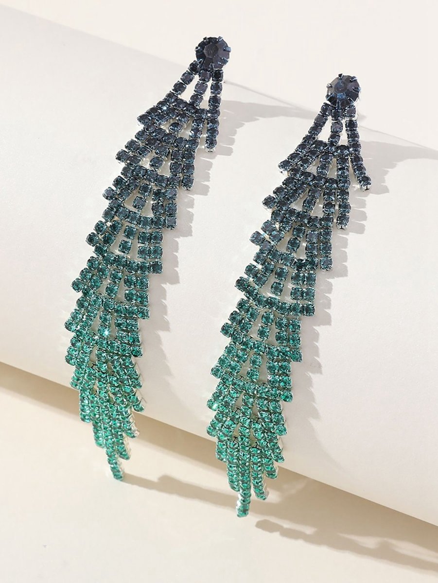 Gradient Rhinestones Tassel Long Chain Earrings