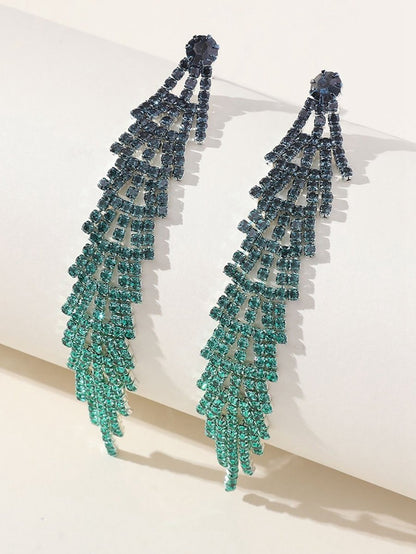 Gradient Rhinestones Tassel Long Chain Earrings