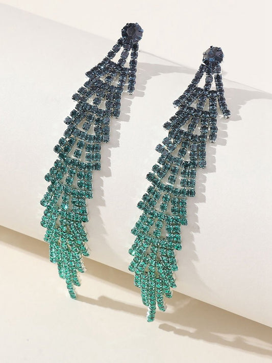 Gradient Rhinestones Tassel Long Chain Earrings