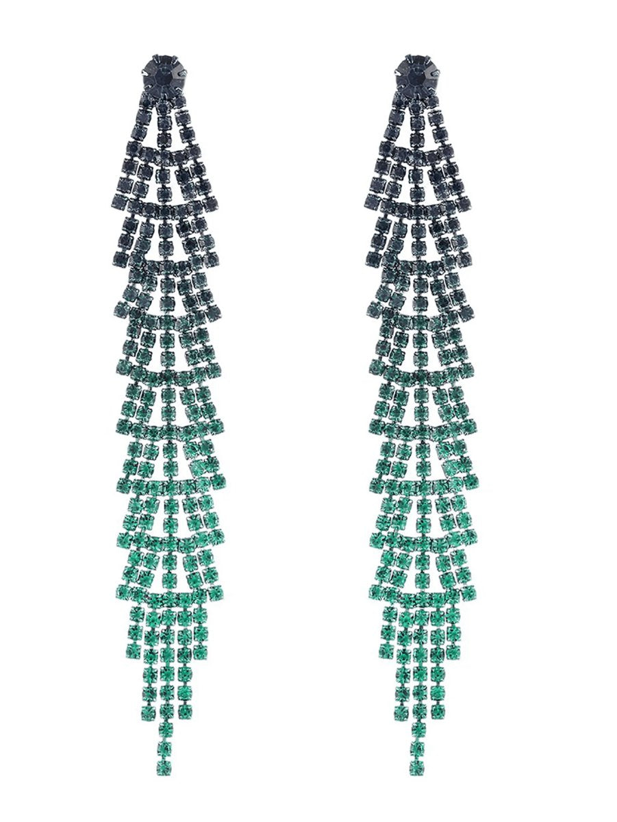 Gradient Rhinestones Tassel Long Chain Earrings