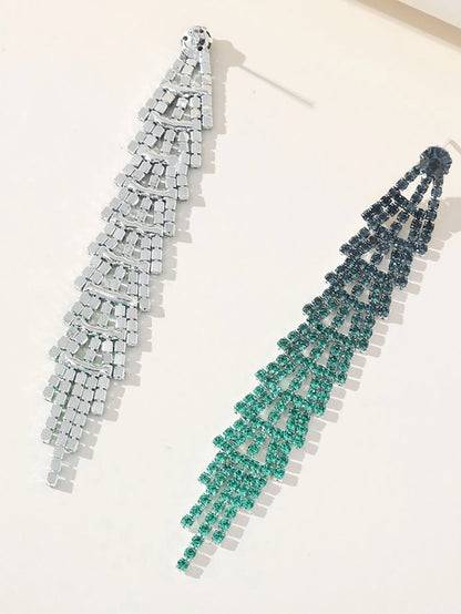 Gradient Rhinestones Tassel Long Chain Earrings