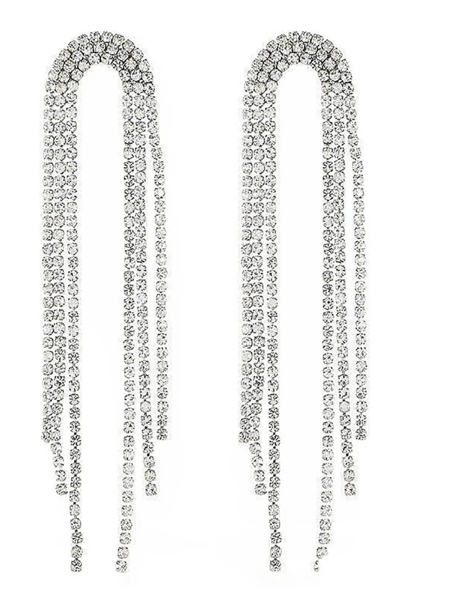 Tassel Silver Rhinestones Long Chain Earrings