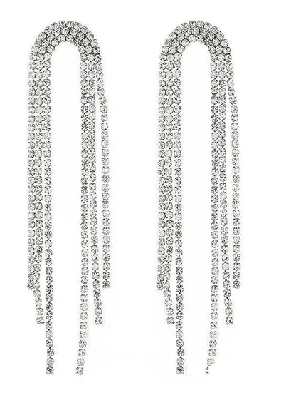 Tassel Silver Rhinestones Long Chain Earrings