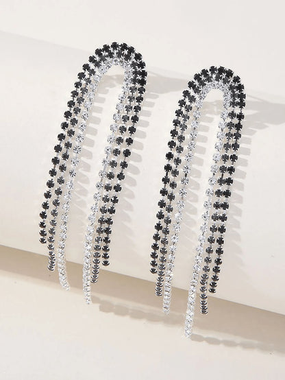 Tassel Silver Rhinestones Long Chain Earrings