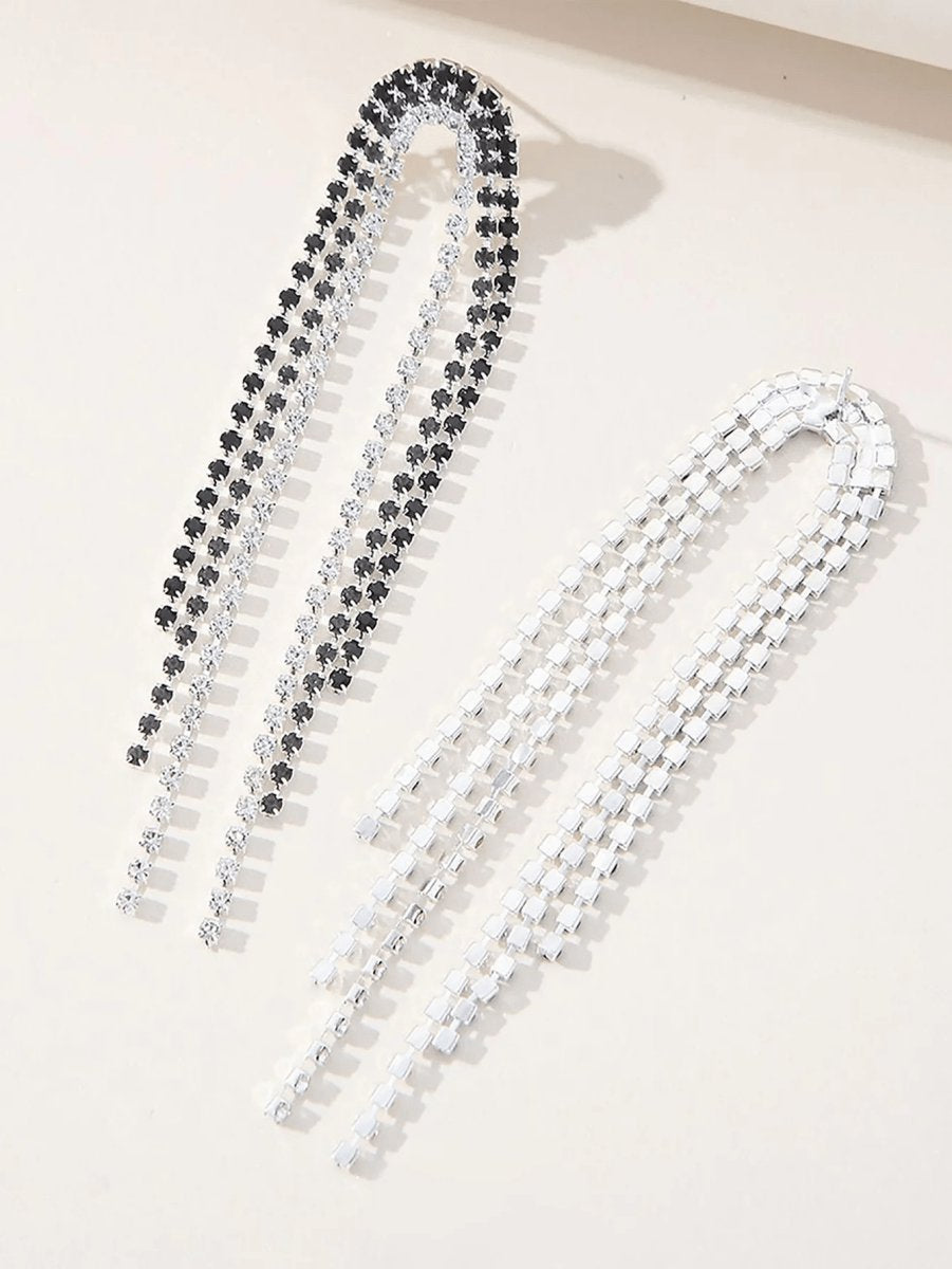 Tassel Silver Rhinestones Long Chain Earrings