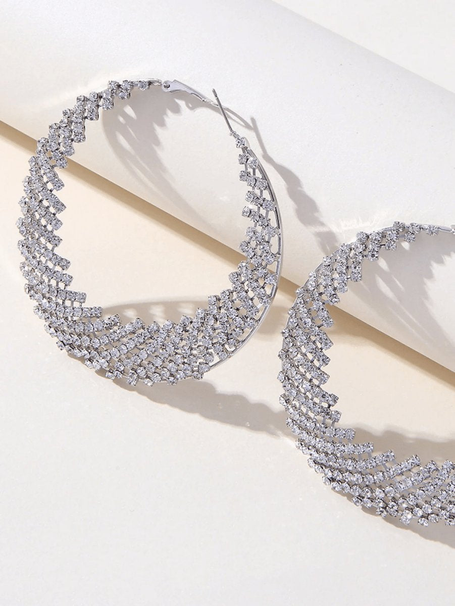 Silver Rhinestones Cutout Hoop Earrings