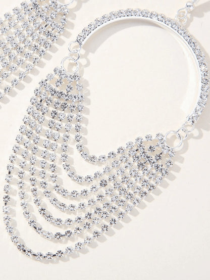 Silver Rhinestones Tassel Hoop Round Earrings
