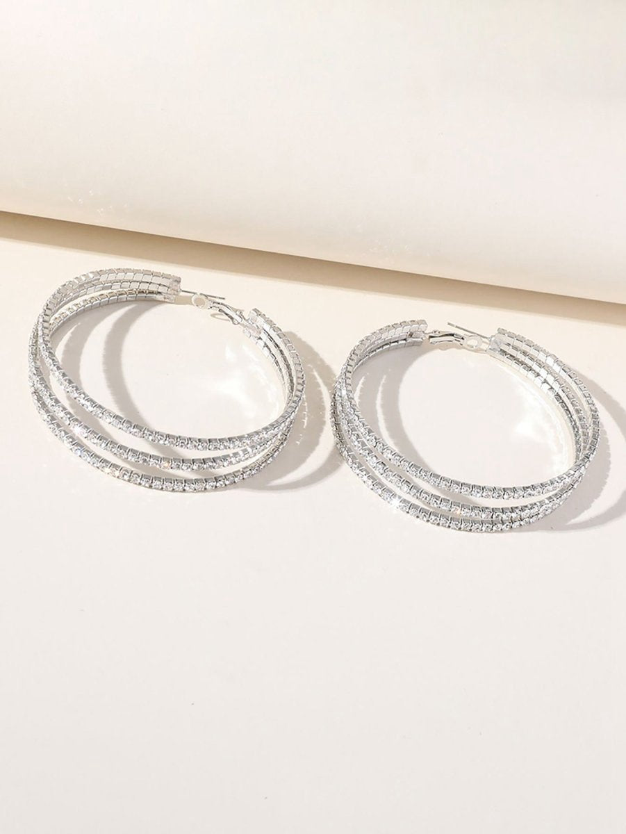 Silver Rhinestones Simple Triple Layer Hoop Earrings