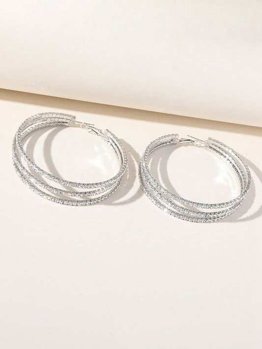 Silver Rhinestones Simple Triple Layer Hoop Earrings