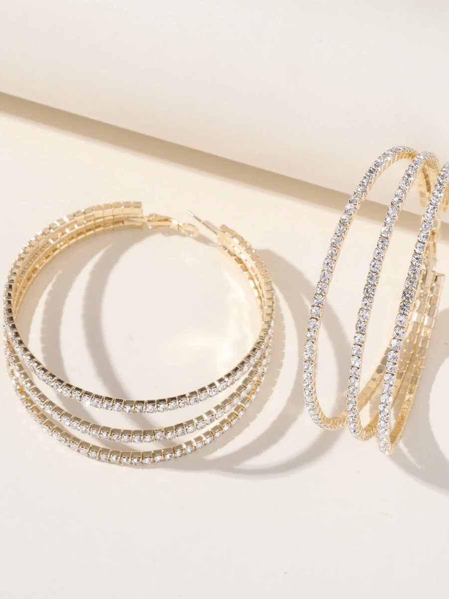 Silver Rhinestones Simple Triple Layer Hoop Earrings