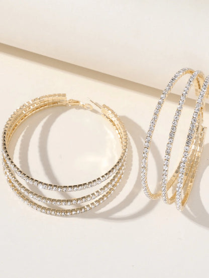 Silver Rhinestones Simple Triple Layer Hoop Earrings