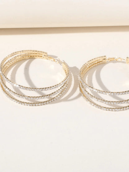 Silver Rhinestones Simple Triple Layer Hoop Earrings