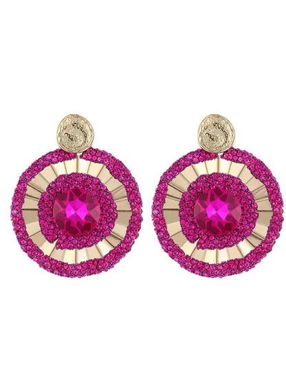 Fuchsia Flower Rhinestones Round Earrings