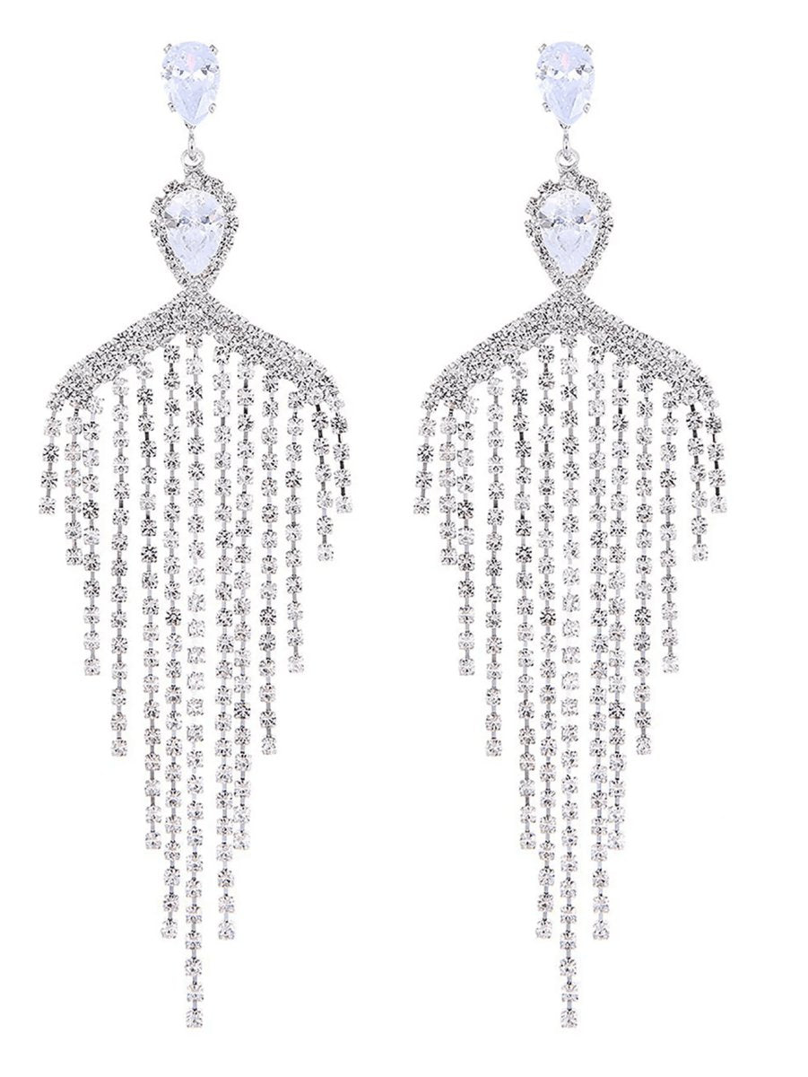 Silver Dangle Simple Rhinestones Tassel Long Earrings