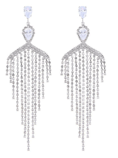 Silver Dangle Simple Rhinestones Tassel Long Earrings