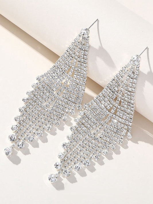 Tassel Silver Dangle Simple Rhinestones Long Earrings