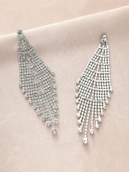 Tassel Silver Dangle Simple Rhinestones Long Earrings