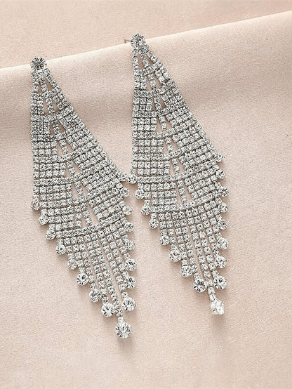 Tassel Silver Dangle Simple Rhinestones Long Earrings