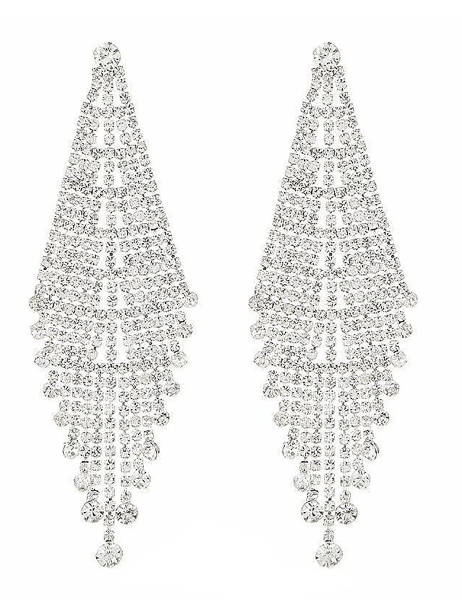 Tassel Silver Dangle Simple Rhinestones Long Earrings
