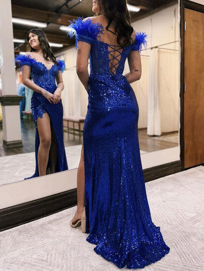 Mermaid Off the Shoulder Sequin Lace Prom Dresses