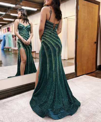 Mermaid Spaghetti Straps Glitter Mermaid Dresses with Slit