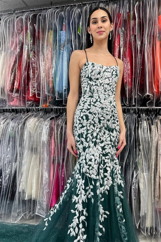 Mermaid Spaghetti Straps Lace Tulle Prom Dresses