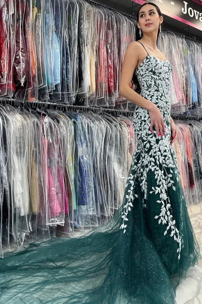 Mermaid Spaghetti Straps Lace Tulle Prom Dresses