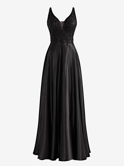 A-line V-Neck Satin Prom Dresses with Slit