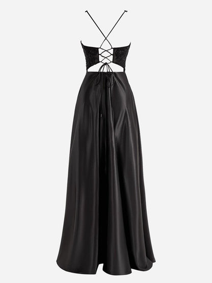 A-line V-Neck Satin Prom Dresses with Slit