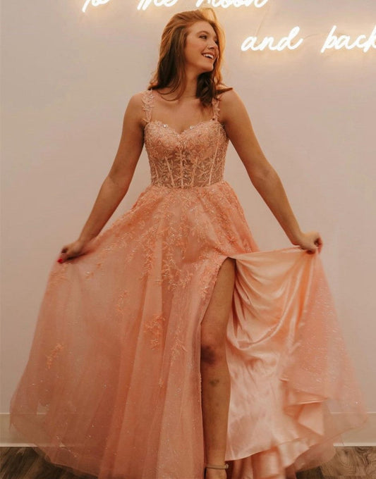 A-line Spaghetti Straps Glitter Tulle Prom Dresses with Slit