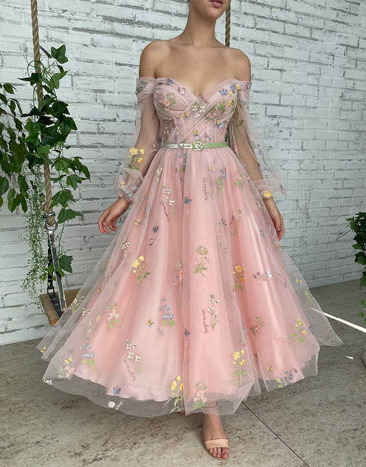 A-line Embroidery Off the Shoulder Prom Dresses