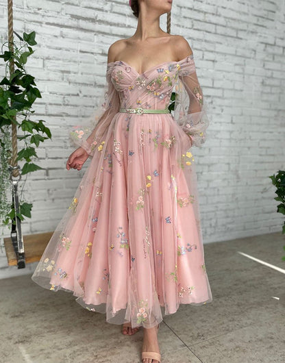 A-line Embroidery Off the Shoulder Prom Dresses
