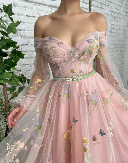A-line Embroidery Off the Shoulder Prom Dresses