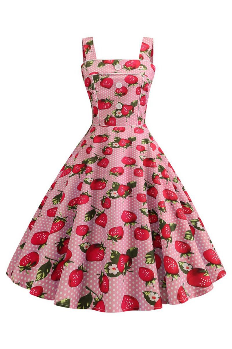 Strawbarries Printed Sleeveless 1950s Dresses