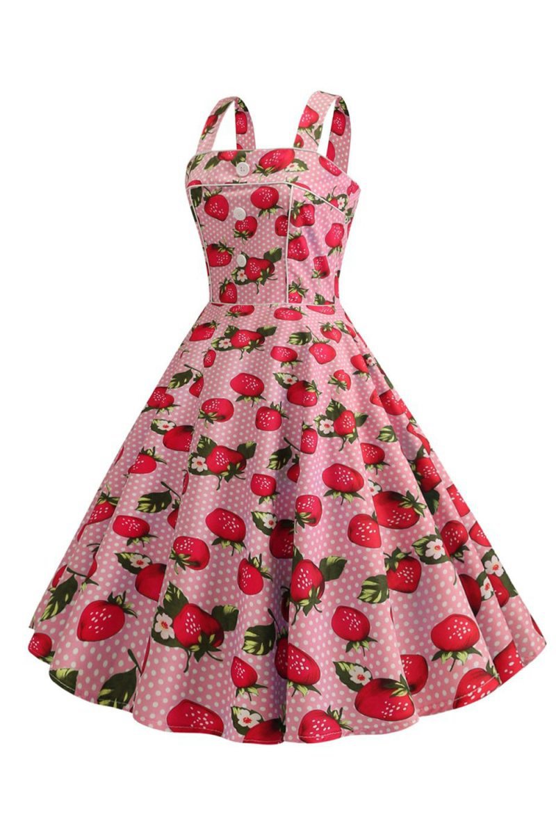 Strawbarries Printed Sleeveless 1950s Dresses
