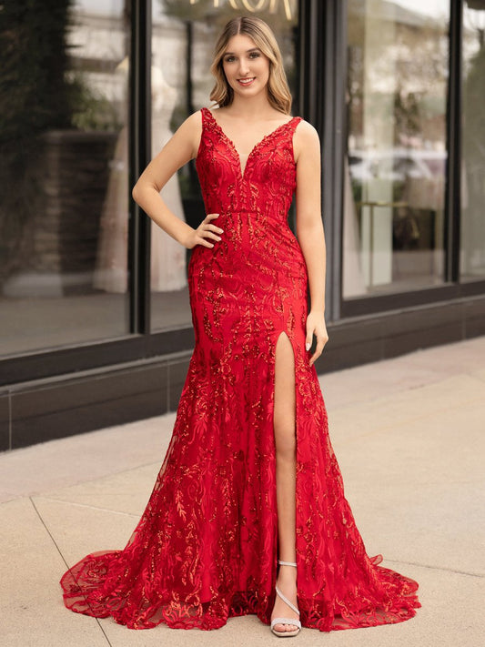 Mermaid V Neck Sequined Lace Prom Dresses with Slit