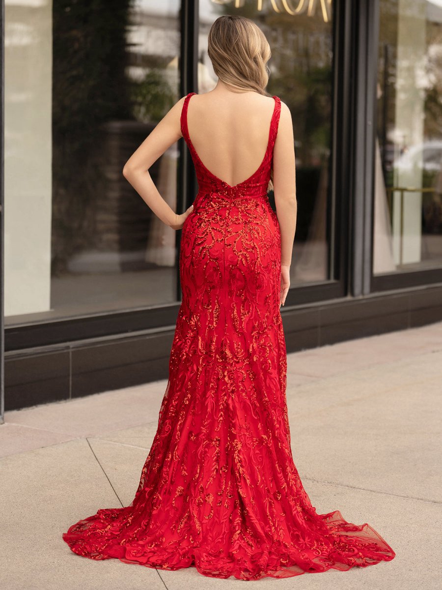 Mermaid V Neck Sequined Lace Prom Dresses with Slit