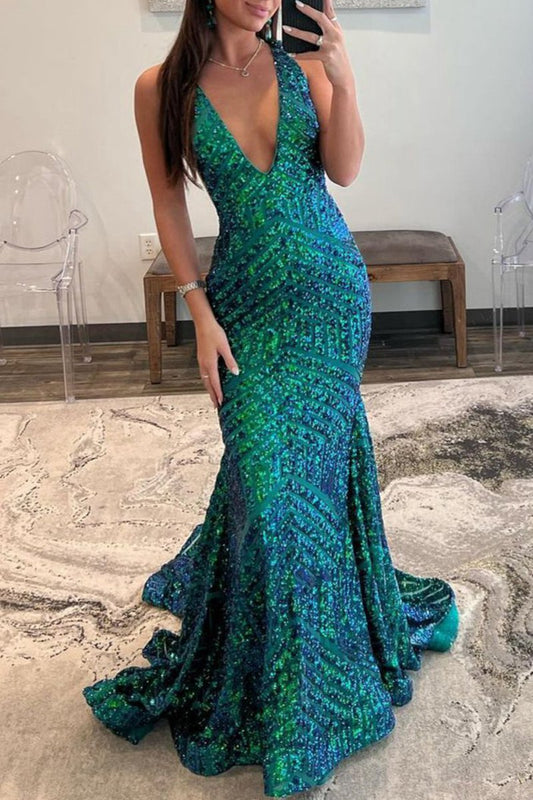 Deep V Neck Sequins Mermaid Long Prom Dresses