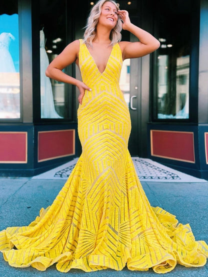 Deep V Neck Sequins Mermaid Long Prom Dresses