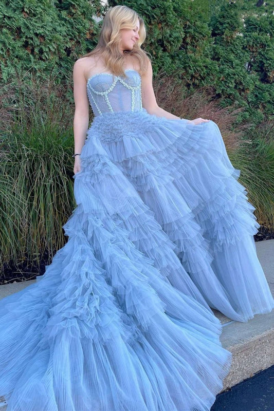 Princess A-line Strapless Tie Tulle Prom Dresses