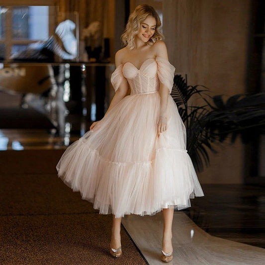 A-line Tulle Tea Length Prom Dresses