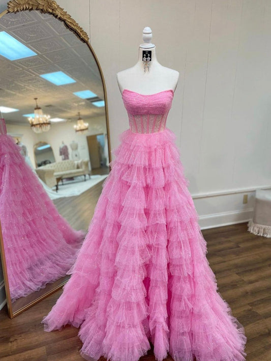 A-line Strapless Corset Glitter Tulle Prom Dresses with Ruffles