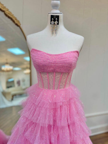 A-line Strapless Corset Glitter Tulle Prom Dresses with Ruffles